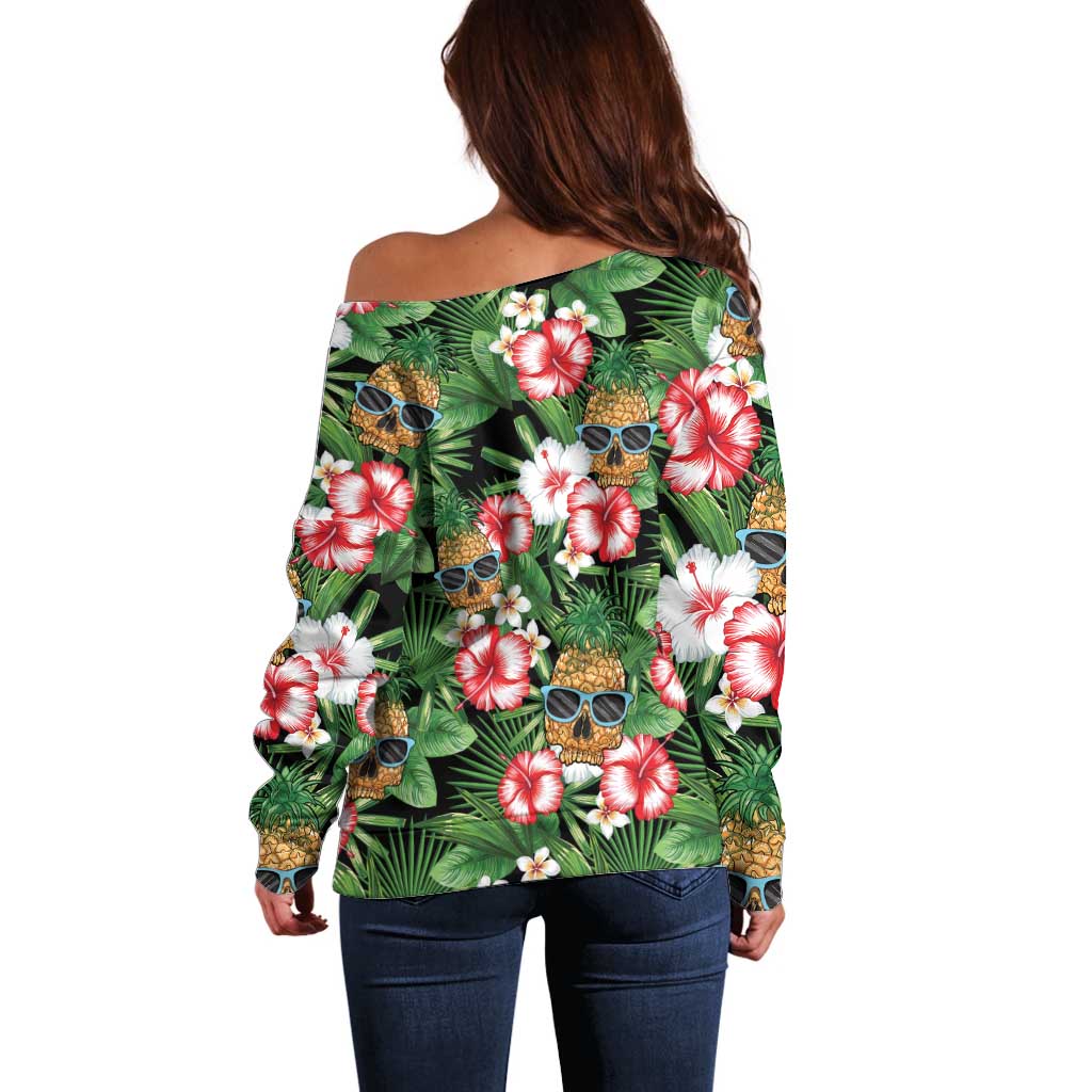 Pineapple Skull Aloha Hawaii Off Shoulder Sweater Summer Vibes Tropical Seamless Pattern - Wonder Print Shop