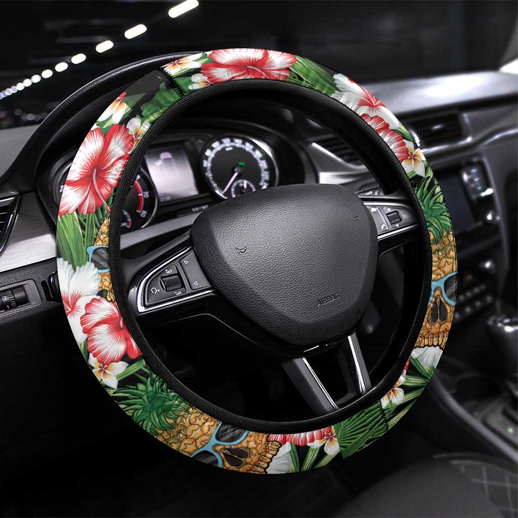 Pineapple Skull Aloha Hawaii Steering Wheel Cover Summer Vibes Tropical Seamless Pattern - Wonder Print Shop