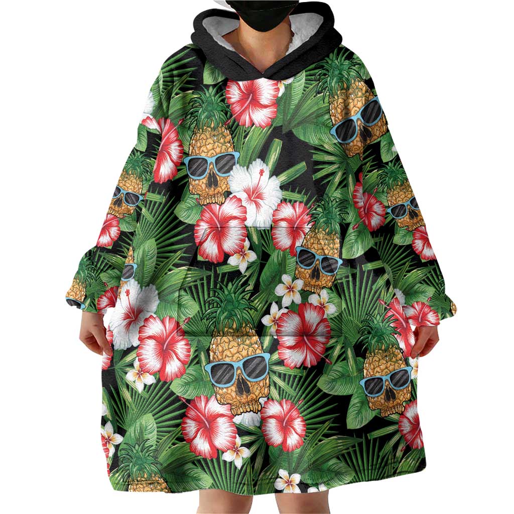 Pineapple Skull Aloha Hawaii Wearable Blanket Hoodie Summer Vibes Tropical Seamless Pattern - Wonder Print Shop