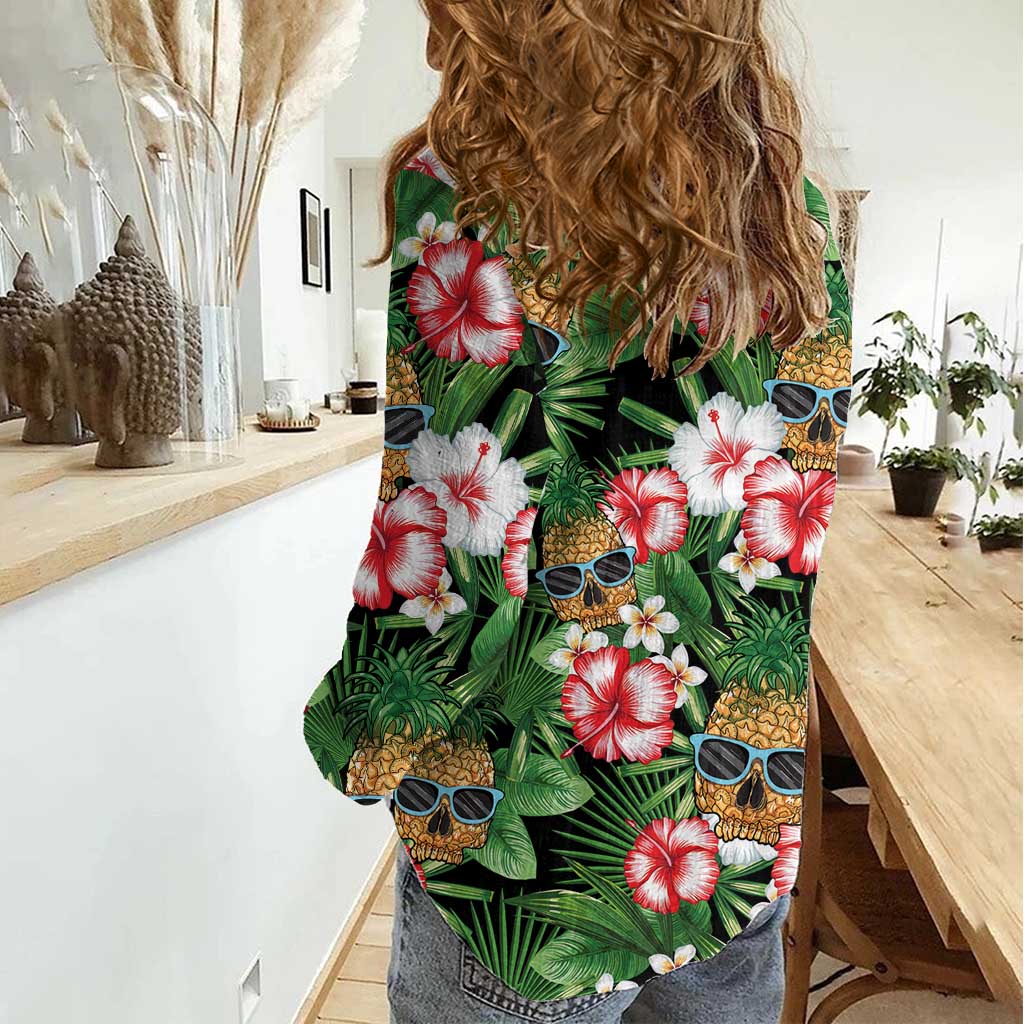 Pineapple Skull Aloha Hawaii Women Casual Shirt Summer Vibes Tropical Seamless Pattern - Wonder Print Shop