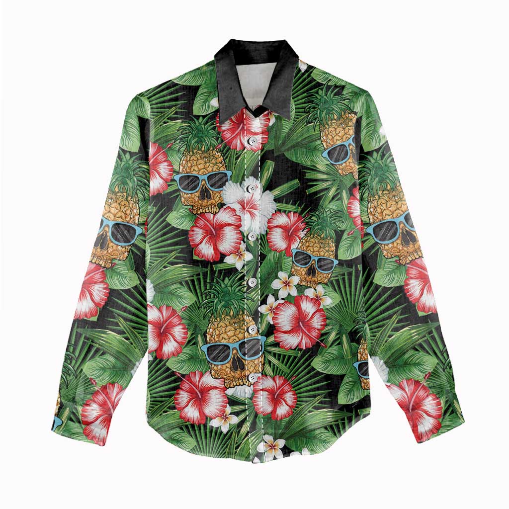 Pineapple Skull Aloha Hawaii Women Casual Shirt Summer Vibes Tropical Seamless Pattern - Wonder Print Shop