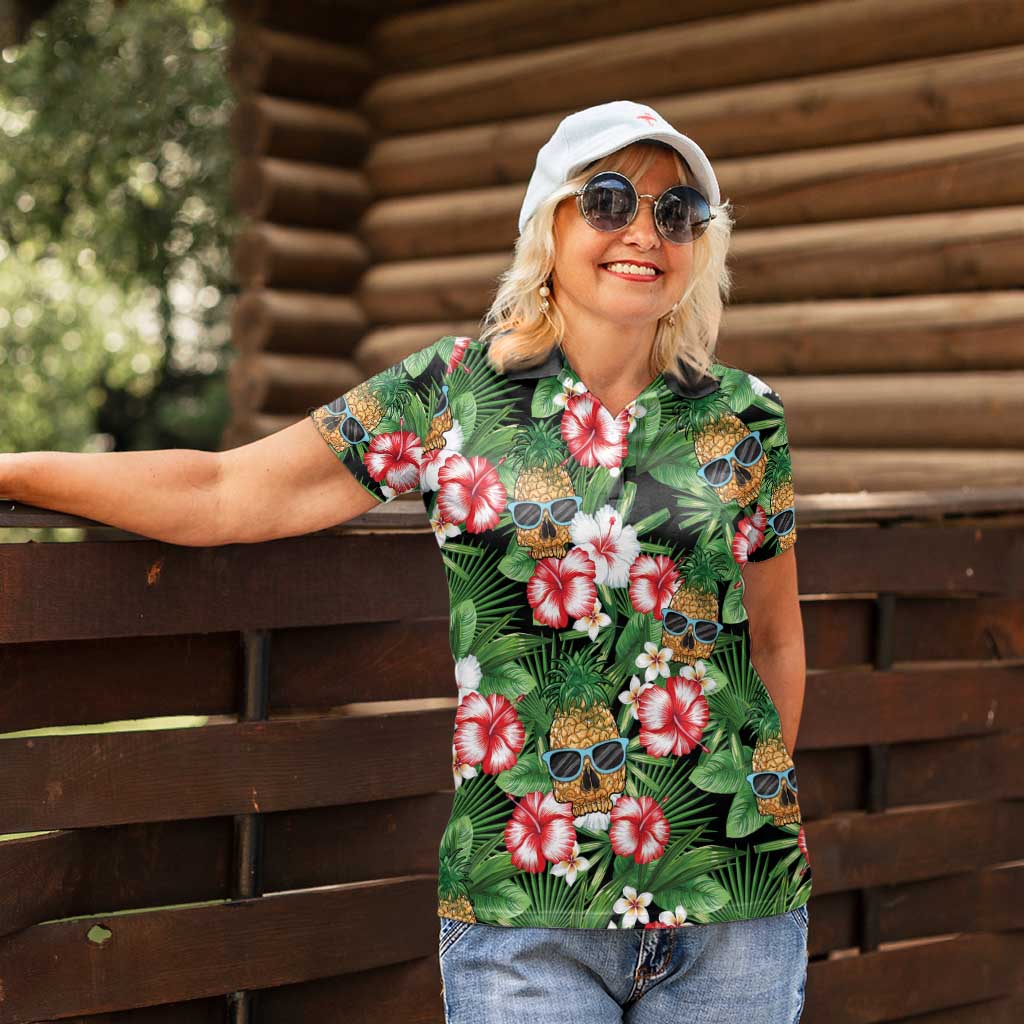 Pineapple Skull Aloha Hawaii Women Polo Shirt Summer Vibes Tropical Seamless Pattern - Wonder Print Shop