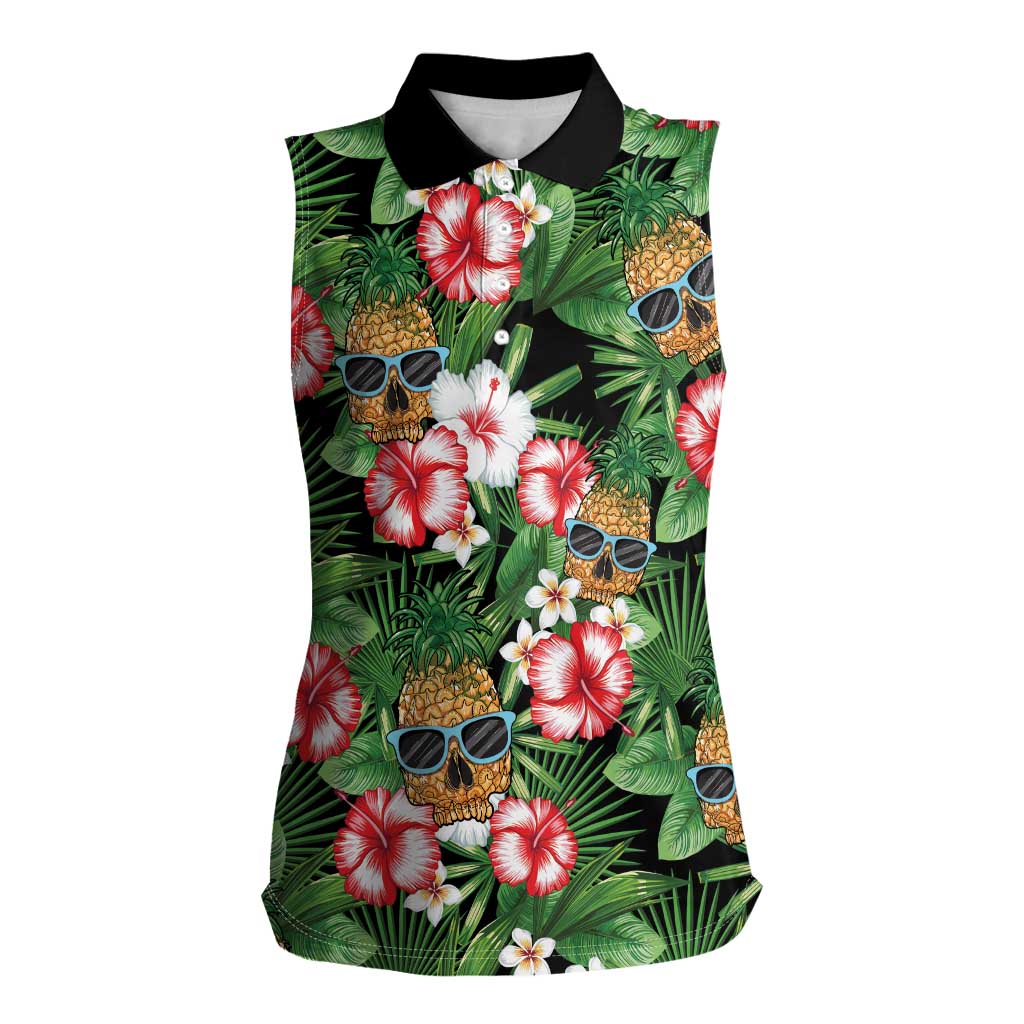 Pineapple Skull Aloha Hawaii Women Sleeveless Polo Shirt Summer Vibes Tropical Seamless Pattern - Wonder Print Shop