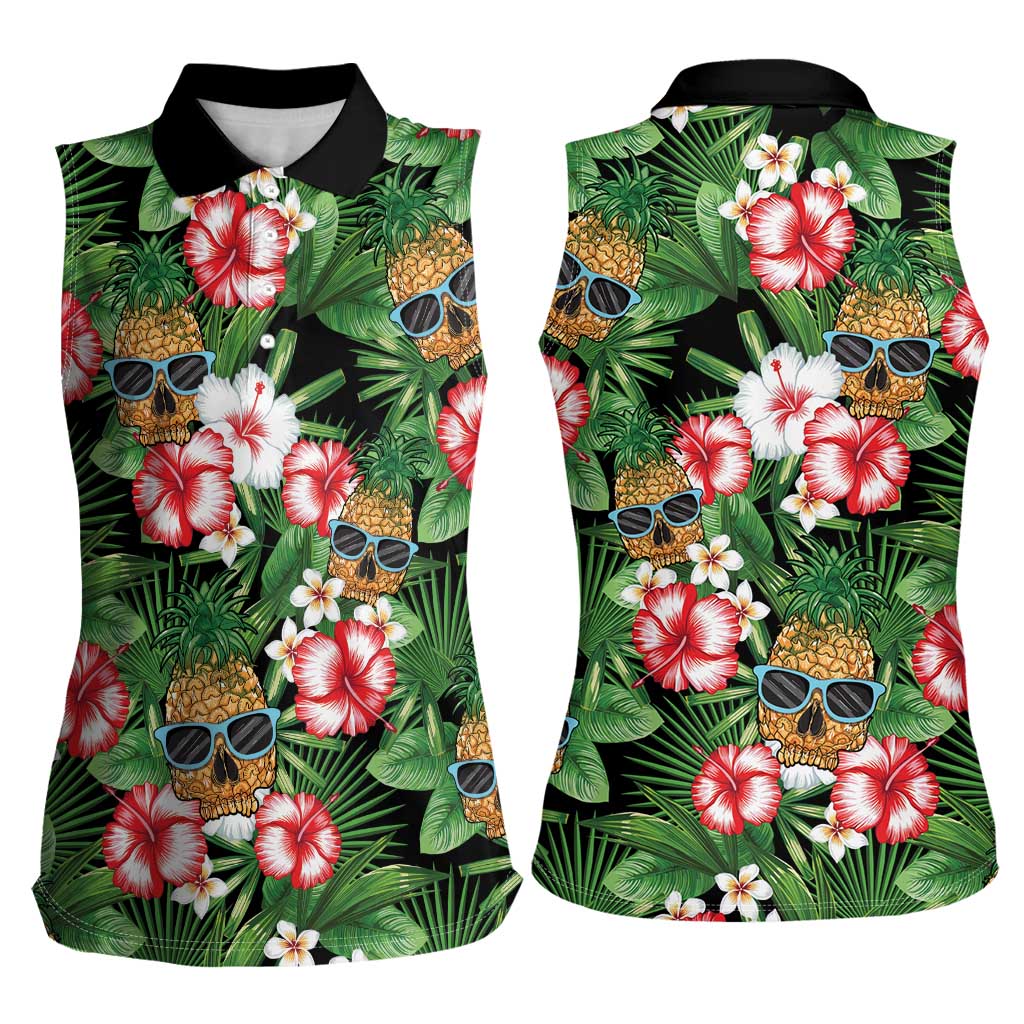 Pineapple Skull Aloha Hawaii Women Sleeveless Polo Shirt Summer Vibes Tropical Seamless Pattern - Wonder Print Shop