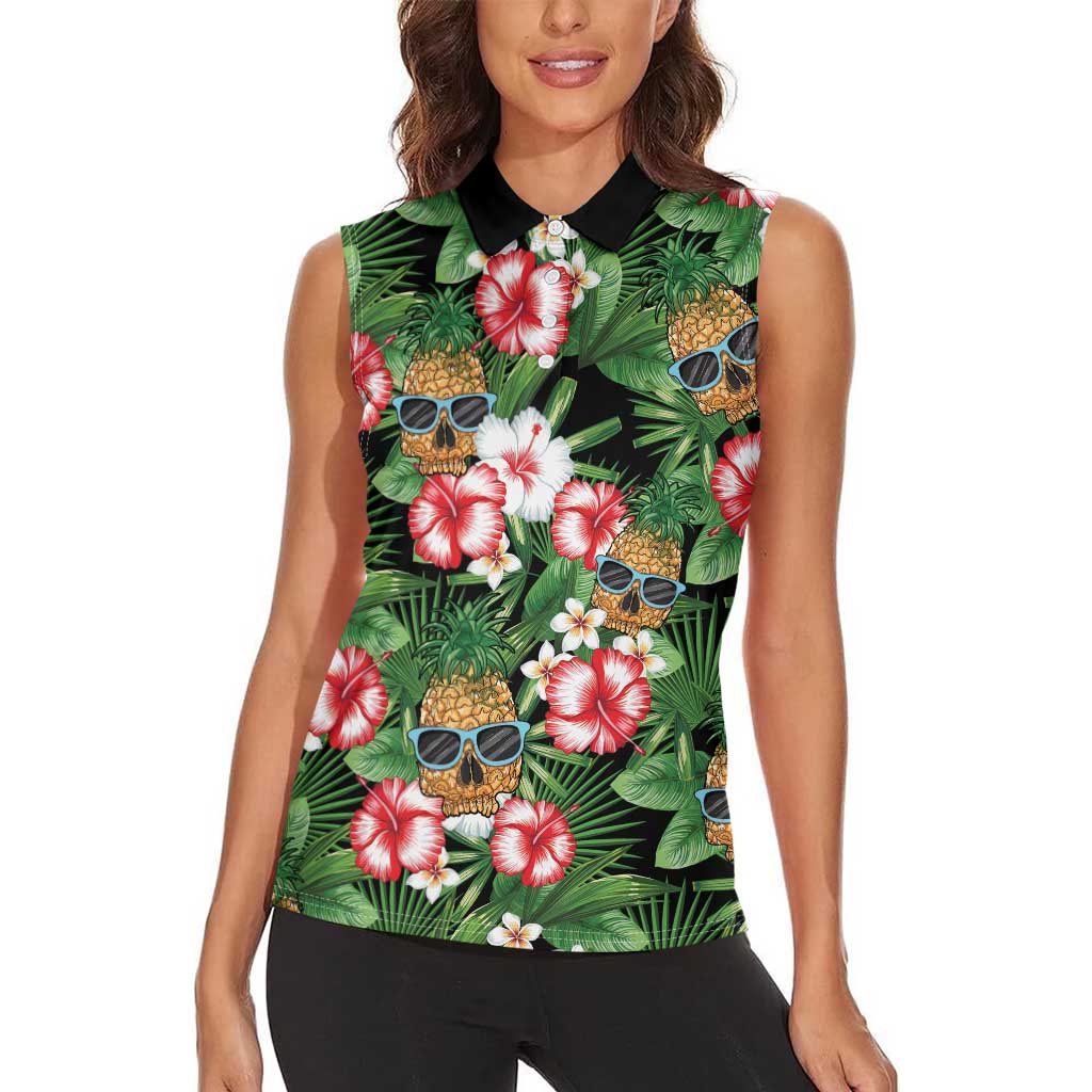 Pineapple Skull Aloha Hawaii Women Sleeveless Polo Shirt Summer Vibes Tropical Seamless Pattern - Wonder Print Shop