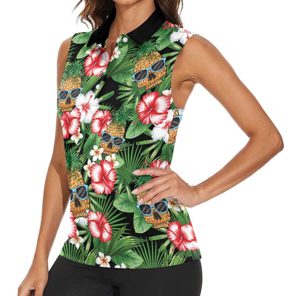 Pineapple Skull Aloha Hawaii Women Sleeveless Polo Shirt Summer Vibes Tropical Seamless Pattern - Wonder Print Shop