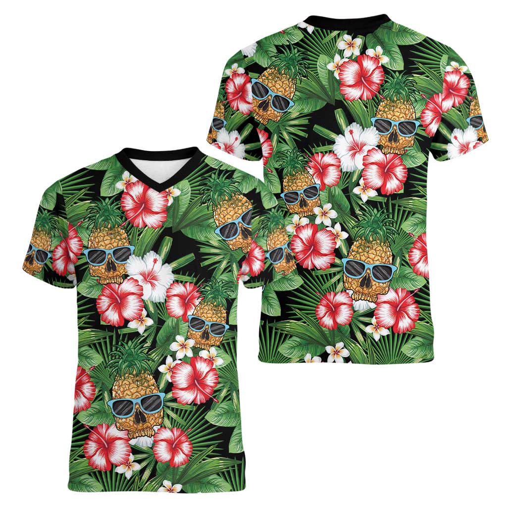 Pineapple Skull Aloha Hawaii Women V-Neck T-Shirt Summer Vibes Tropical Seamless Pattern - Wonder Print Shop