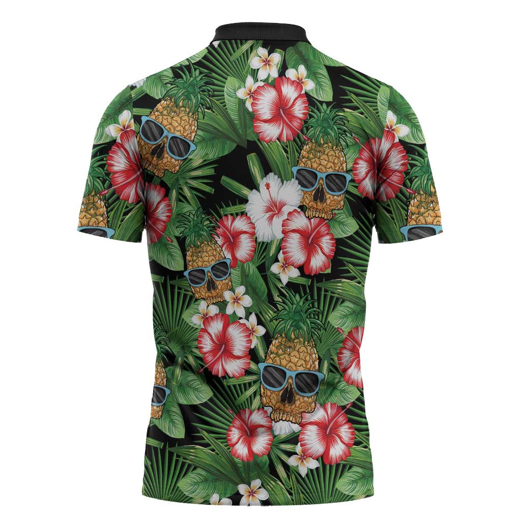 Pineapple Skull Aloha Hawaii Zipper Polo Shirt Summer Vibes Tropical Seamless Pattern - Wonder Print Shop