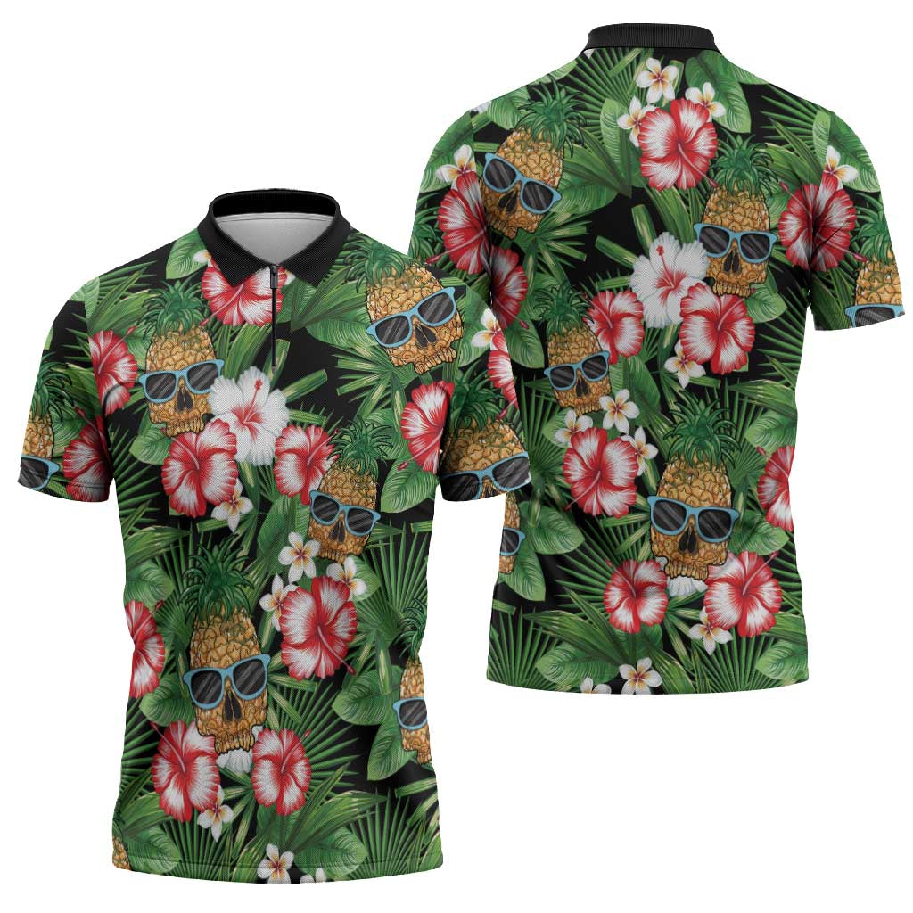 Pineapple Skull Aloha Hawaii Zipper Polo Shirt Summer Vibes Tropical Seamless Pattern - Wonder Print Shop