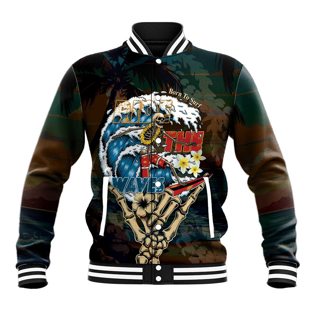 Aloha Hawaii Surfing Skull Baseball Jacket Shaka Skeleton Ride The Waves - Wonder Print Shop