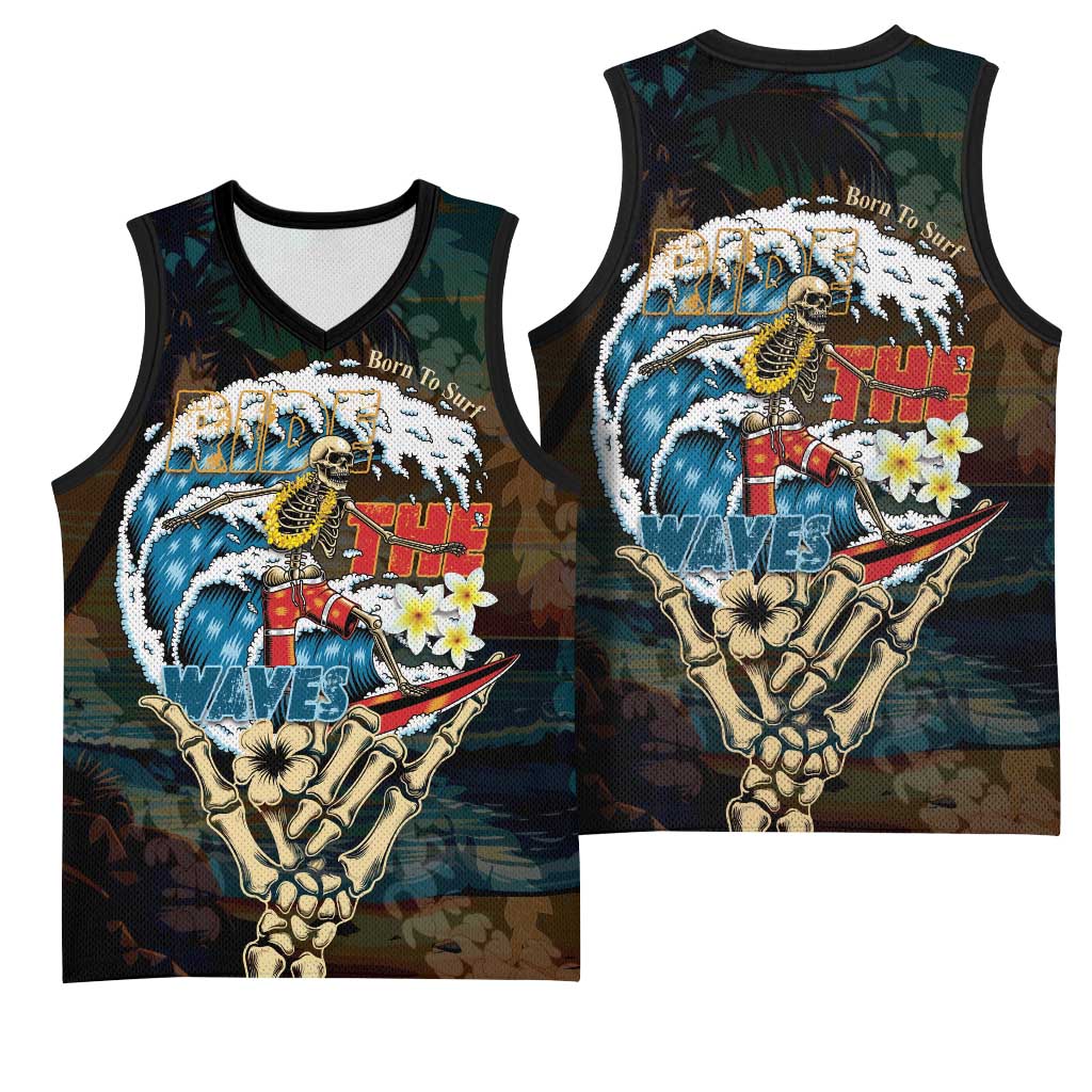 Aloha Hawaii Surfing Skull Basketball Jersey Shaka Skeleton Ride The Waves - Wonder Print Shop