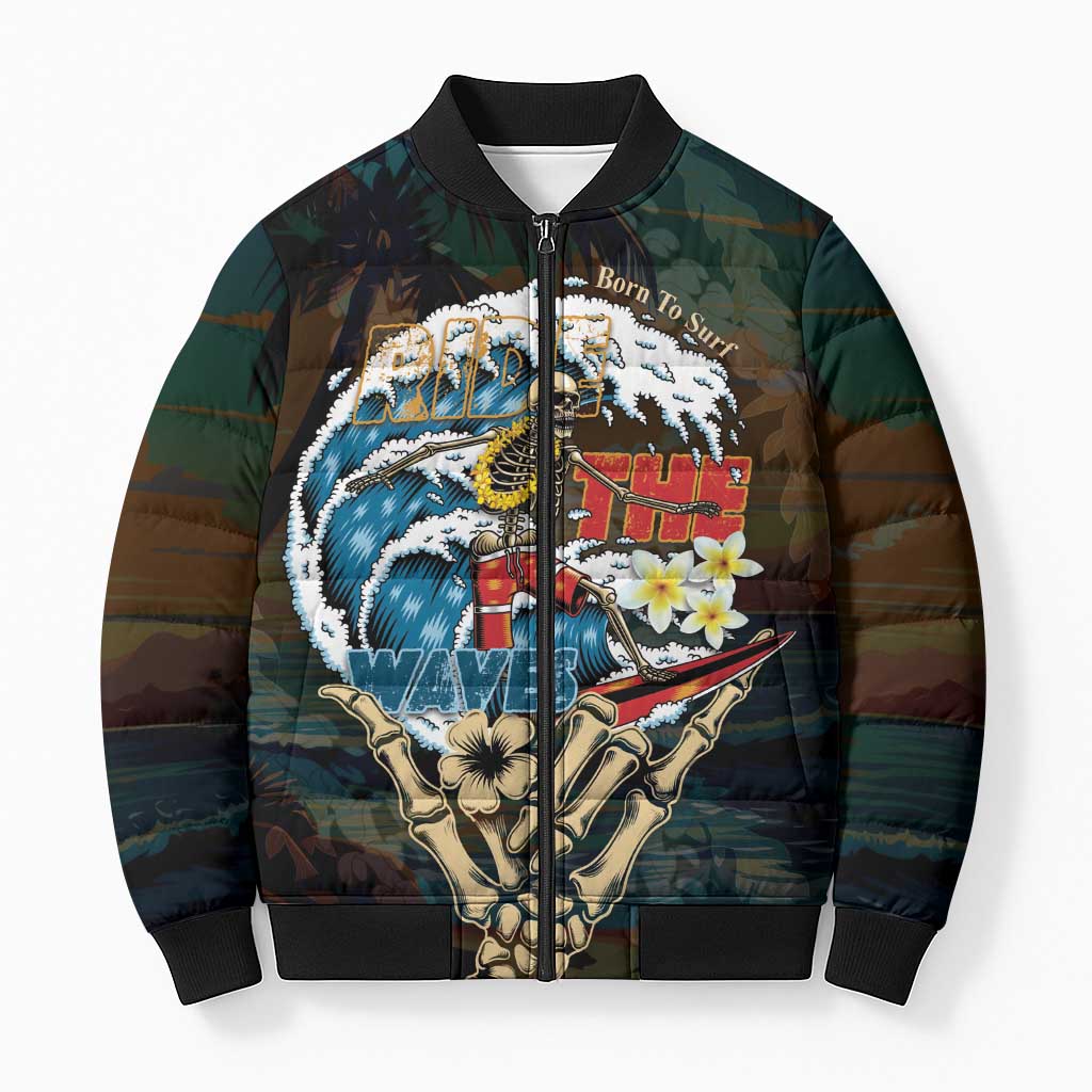 Aloha Hawaii Surfing Skull Bomber Puffer Jacket Shaka Skeleton Ride The Waves - Wonder Print Shop