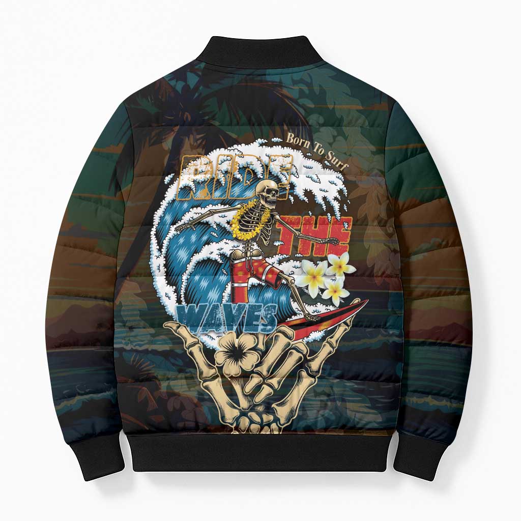 Aloha Hawaii Surfing Skull Bomber Puffer Jacket Shaka Skeleton Ride The Waves - Wonder Print Shop
