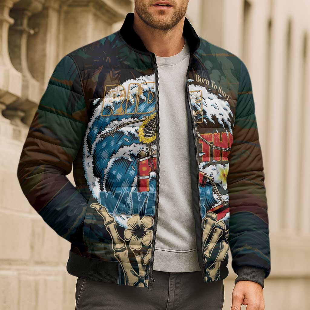 Aloha Hawaii Surfing Skull Bomber Puffer Jacket Shaka Skeleton Ride The Waves - Wonder Print Shop