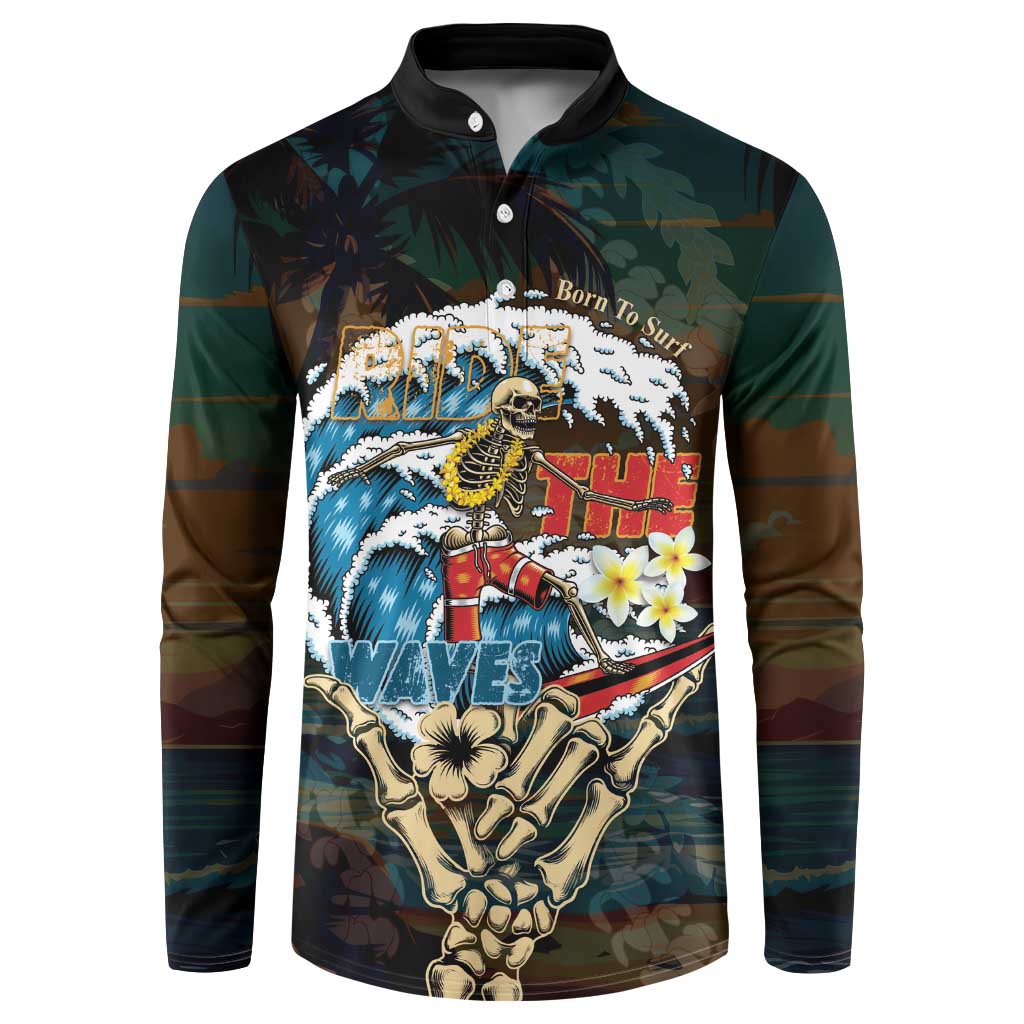 Aloha Hawaii Surfing Skull Button Sweatshirt Shaka Skeleton Ride The Waves - Wonder Print Shop