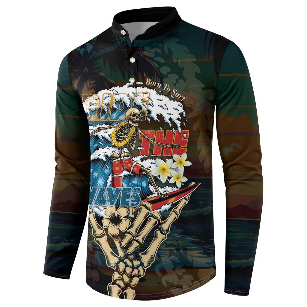 Aloha Hawaii Surfing Skull Button Sweatshirt Shaka Skeleton Ride The Waves - Wonder Print Shop