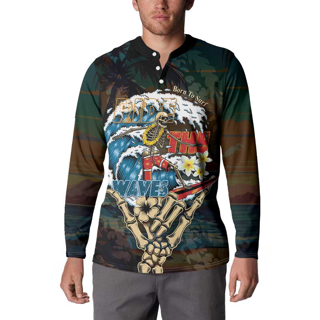 Aloha Hawaii Surfing Skull Button Sweatshirt Shaka Skeleton Ride The Waves - Wonder Print Shop