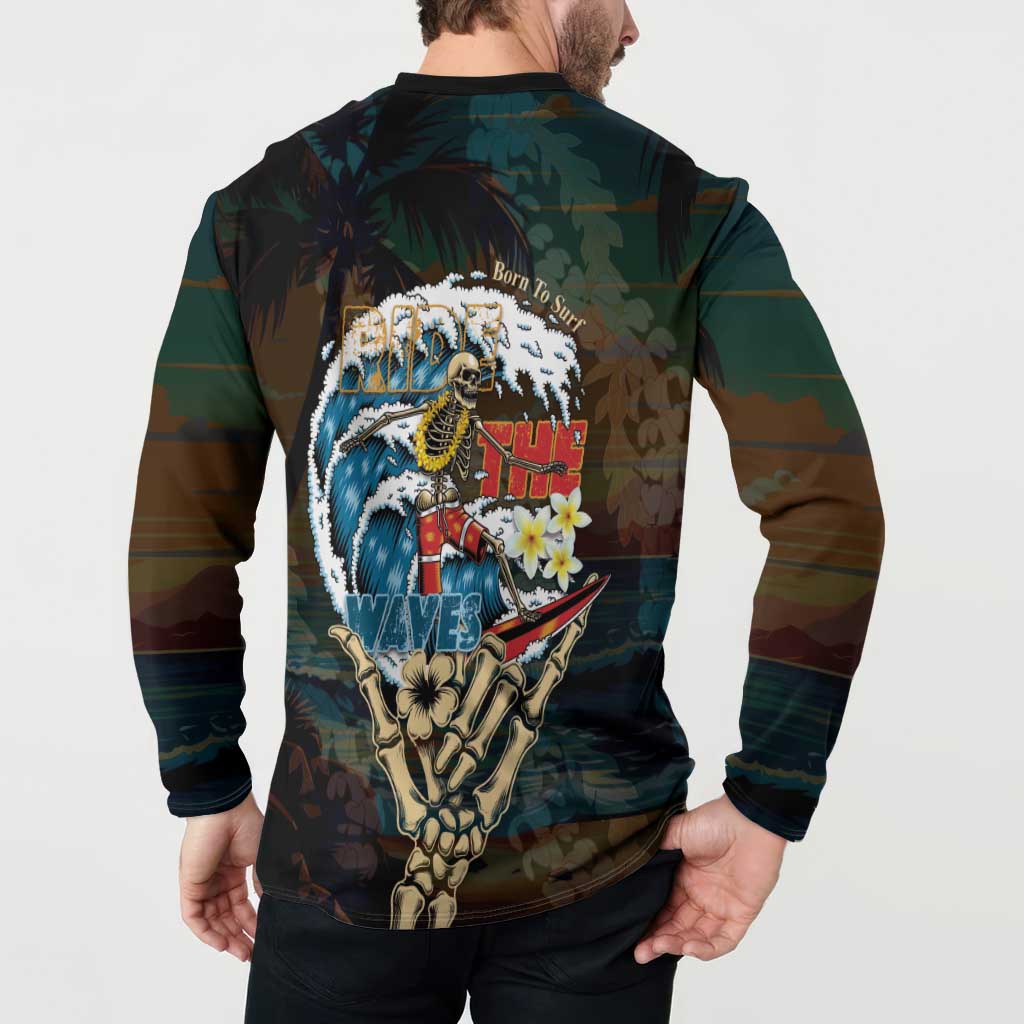 Aloha Hawaii Surfing Skull Button Sweatshirt Shaka Skeleton Ride The Waves - Wonder Print Shop