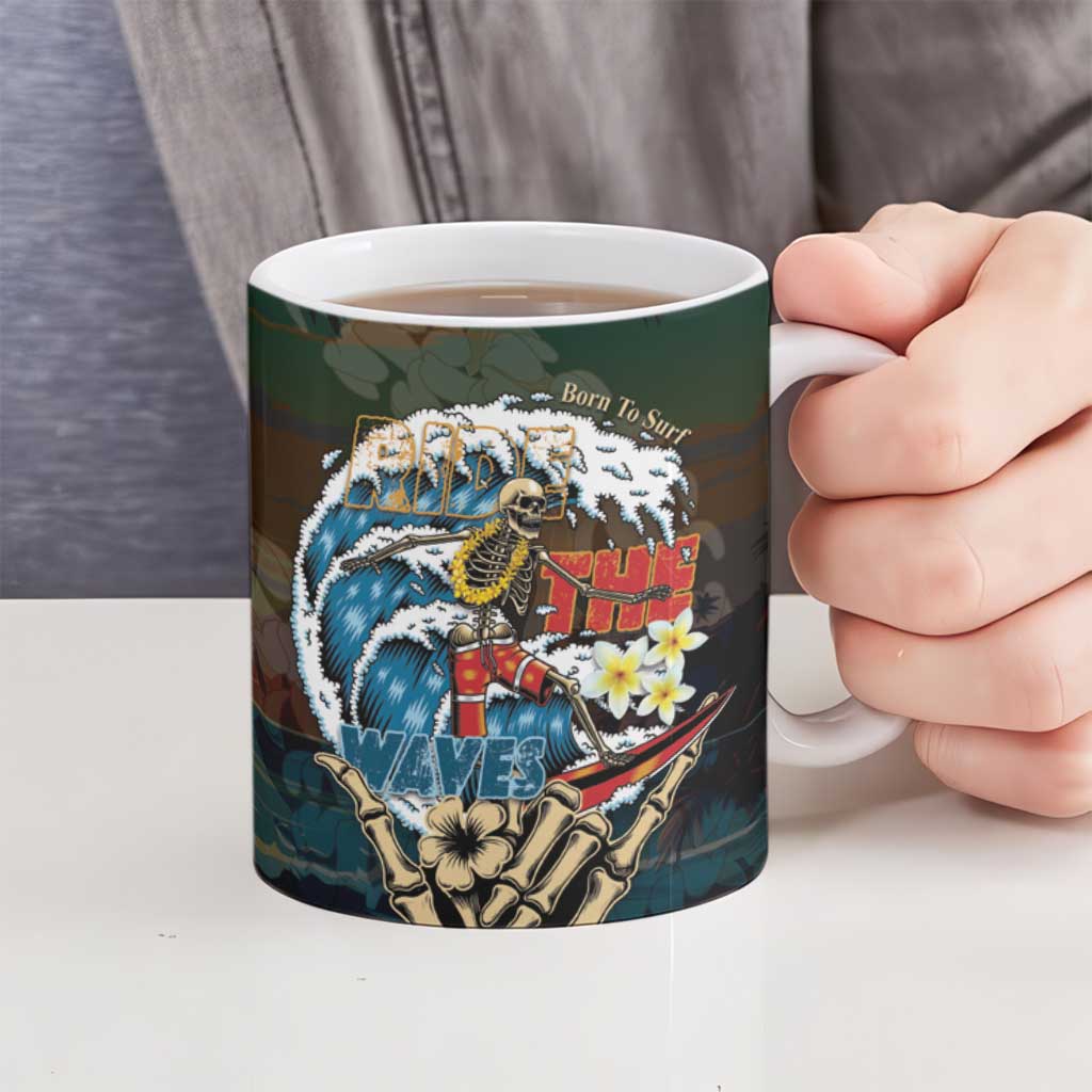 Aloha Hawaii Surfing Skull Ceramic Mug Shaka Skeleton Ride The Waves - Wonder Print Shop