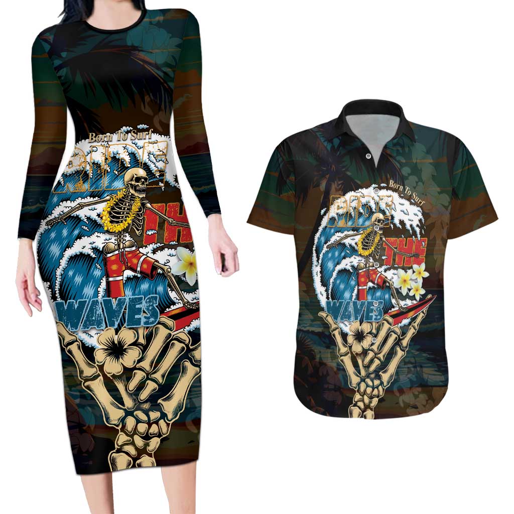 Aloha Hawaii Surfing Skull Couples Matching Long Sleeve Bodycon Dress and Hawaiian Shirt Shaka Skeleton Ride The Waves - Wonder Print Shop