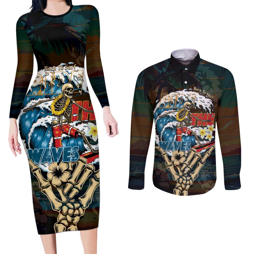 Aloha Hawaii Surfing Skull Couples Matching Long Sleeve Bodycon Dress and Long Sleeve Button Shirt Shaka Skeleton Ride The Waves - Wonder Print Shop