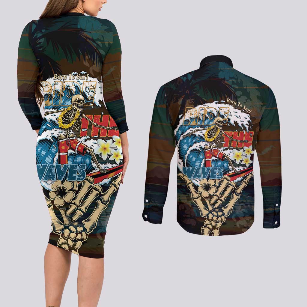 Aloha Hawaii Surfing Skull Couples Matching Long Sleeve Bodycon Dress and Long Sleeve Button Shirt Shaka Skeleton Ride The Waves - Wonder Print Shop