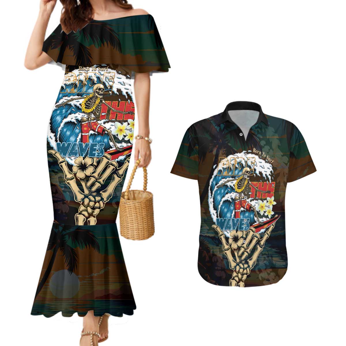 Aloha Hawaii Surfing Skull Couples Matching Mermaid Dress and Hawaiian Shirt Shaka Skeleton Ride The Waves - Wonder Print Shop
