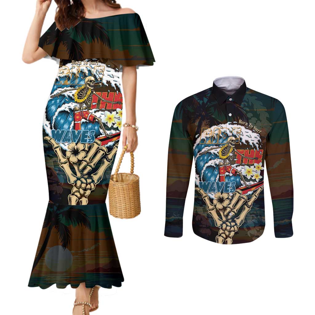 Aloha Hawaii Surfing Skull Couples Matching Mermaid Dress and Long Sleeve Button Shirt Shaka Skeleton Ride The Waves - Wonder Print Shop