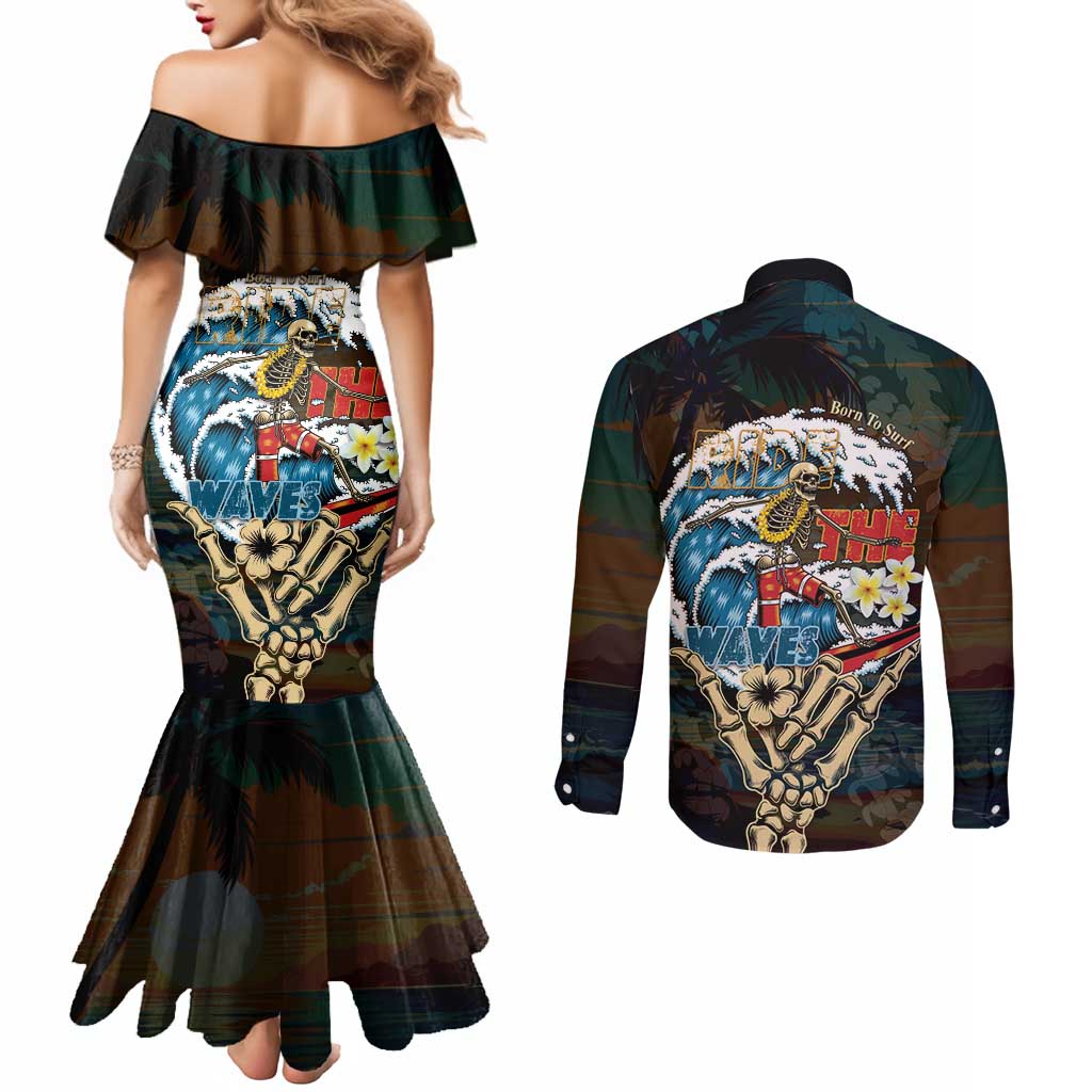 Aloha Hawaii Surfing Skull Couples Matching Mermaid Dress and Long Sleeve Button Shirt Shaka Skeleton Ride The Waves - Wonder Print Shop