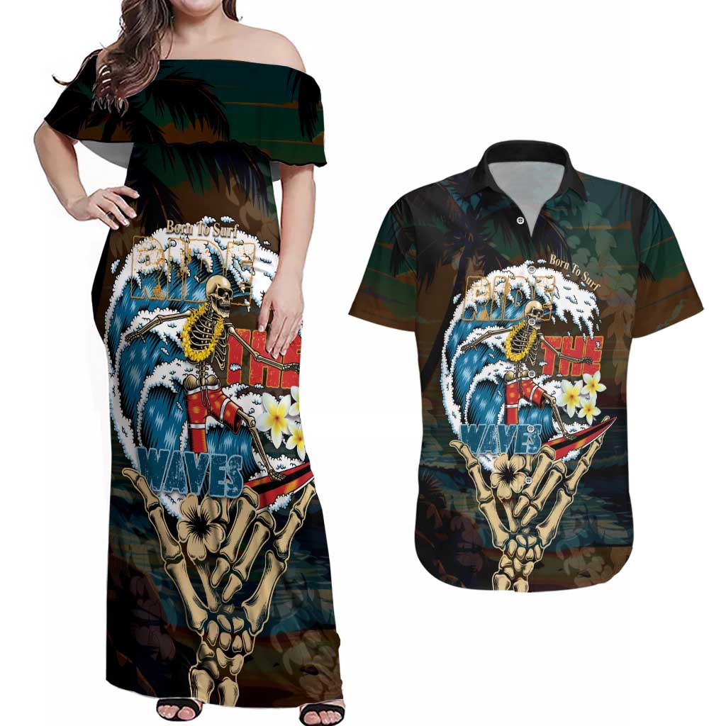Aloha Hawaii Surfing Skull Couples Matching Off Shoulder Maxi Dress and Hawaiian Shirt Shaka Skeleton Ride The Waves - Wonder Print Shop