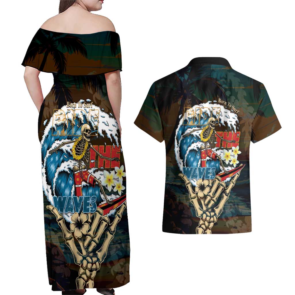 Aloha Hawaii Surfing Skull Couples Matching Off Shoulder Maxi Dress and Hawaiian Shirt Shaka Skeleton Ride The Waves - Wonder Print Shop