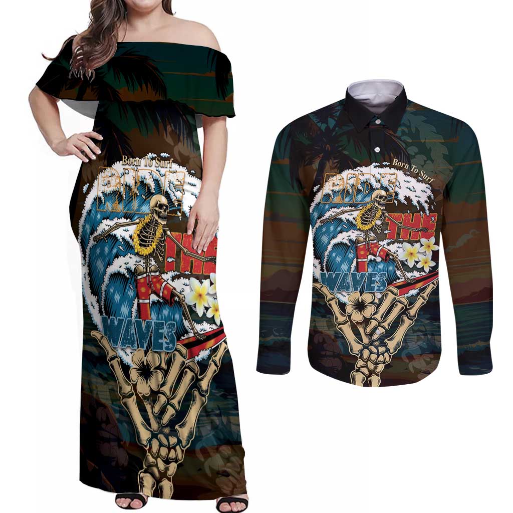 Aloha Hawaii Surfing Skull Couples Matching Off Shoulder Maxi Dress and Long Sleeve Button Shirt Shaka Skeleton Ride The Waves - Wonder Print Shop