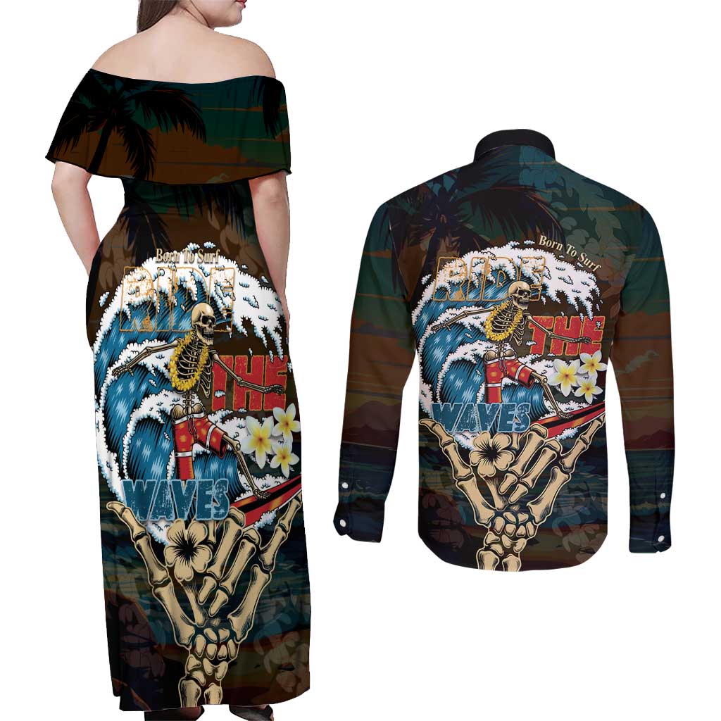 Aloha Hawaii Surfing Skull Couples Matching Off Shoulder Maxi Dress and Long Sleeve Button Shirt Shaka Skeleton Ride The Waves - Wonder Print Shop