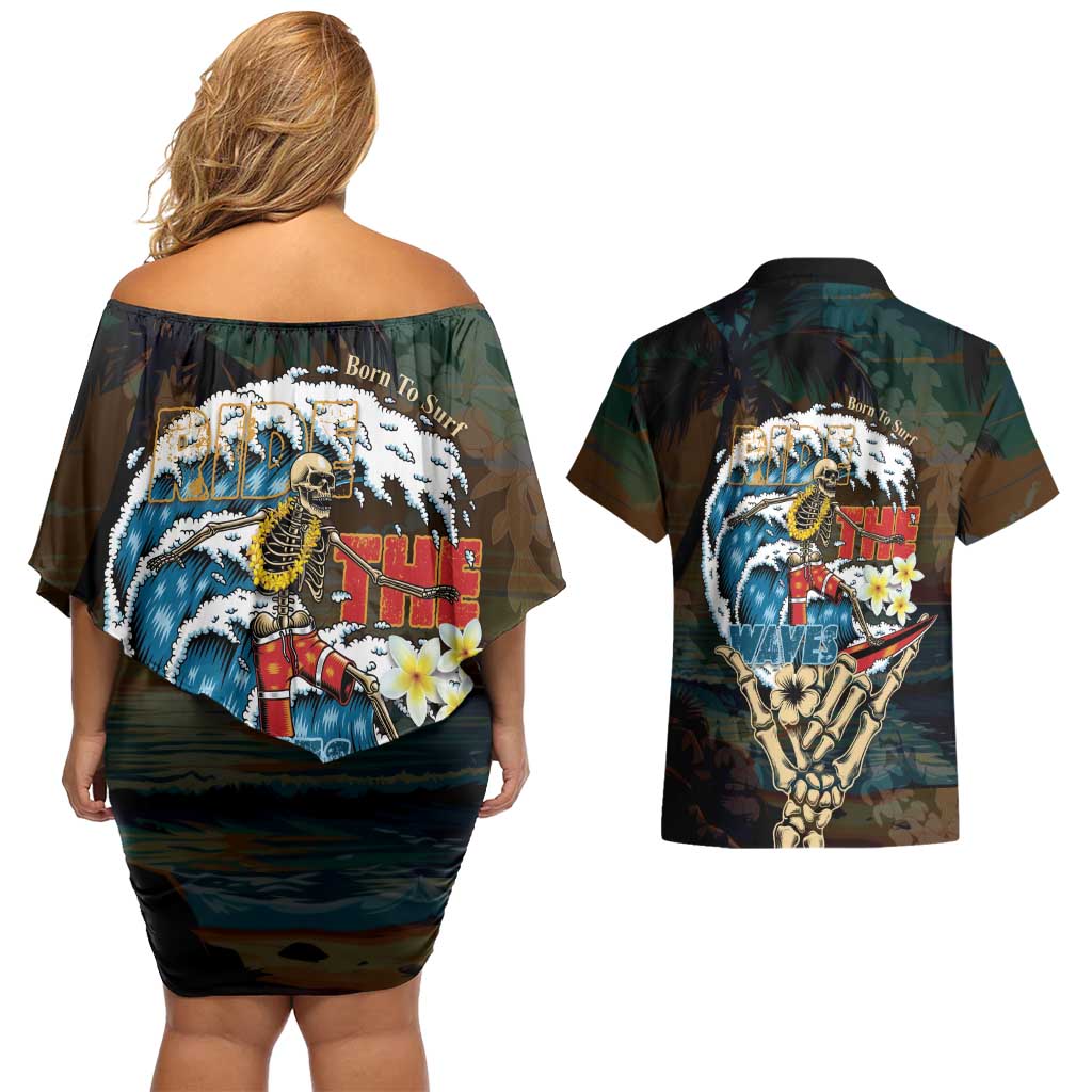 Aloha Hawaii Surfing Skull Couples Matching Off Shoulder Short Dress and Hawaiian Shirt Shaka Skeleton Ride The Waves - Wonder Print Shop