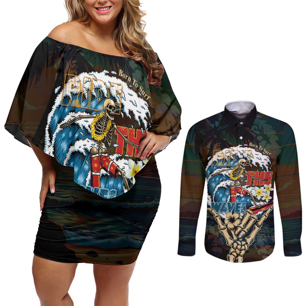 Aloha Hawaii Surfing Skull Couples Matching Off Shoulder Short Dress and Long Sleeve Button Shirt Shaka Skeleton Ride The Waves - Wonder Print Shop