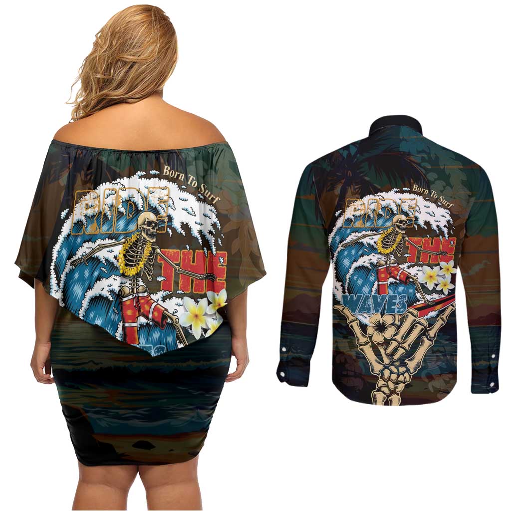 Aloha Hawaii Surfing Skull Couples Matching Off Shoulder Short Dress and Long Sleeve Button Shirt Shaka Skeleton Ride The Waves - Wonder Print Shop
