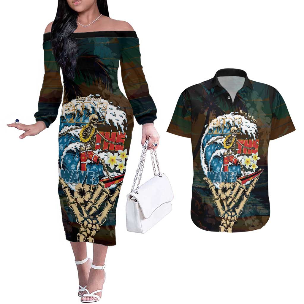 Aloha Hawaii Surfing Skull Couples Matching Off The Shoulder Long Sleeve Dress and Hawaiian Shirt Shaka Skeleton Ride The Waves - Wonder Print Shop
