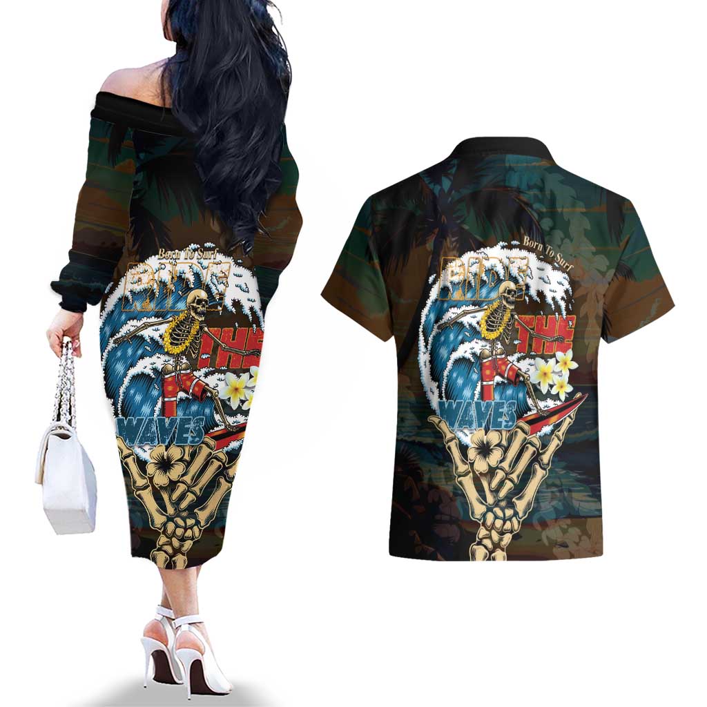 Aloha Hawaii Surfing Skull Couples Matching Off The Shoulder Long Sleeve Dress and Hawaiian Shirt Shaka Skeleton Ride The Waves - Wonder Print Shop