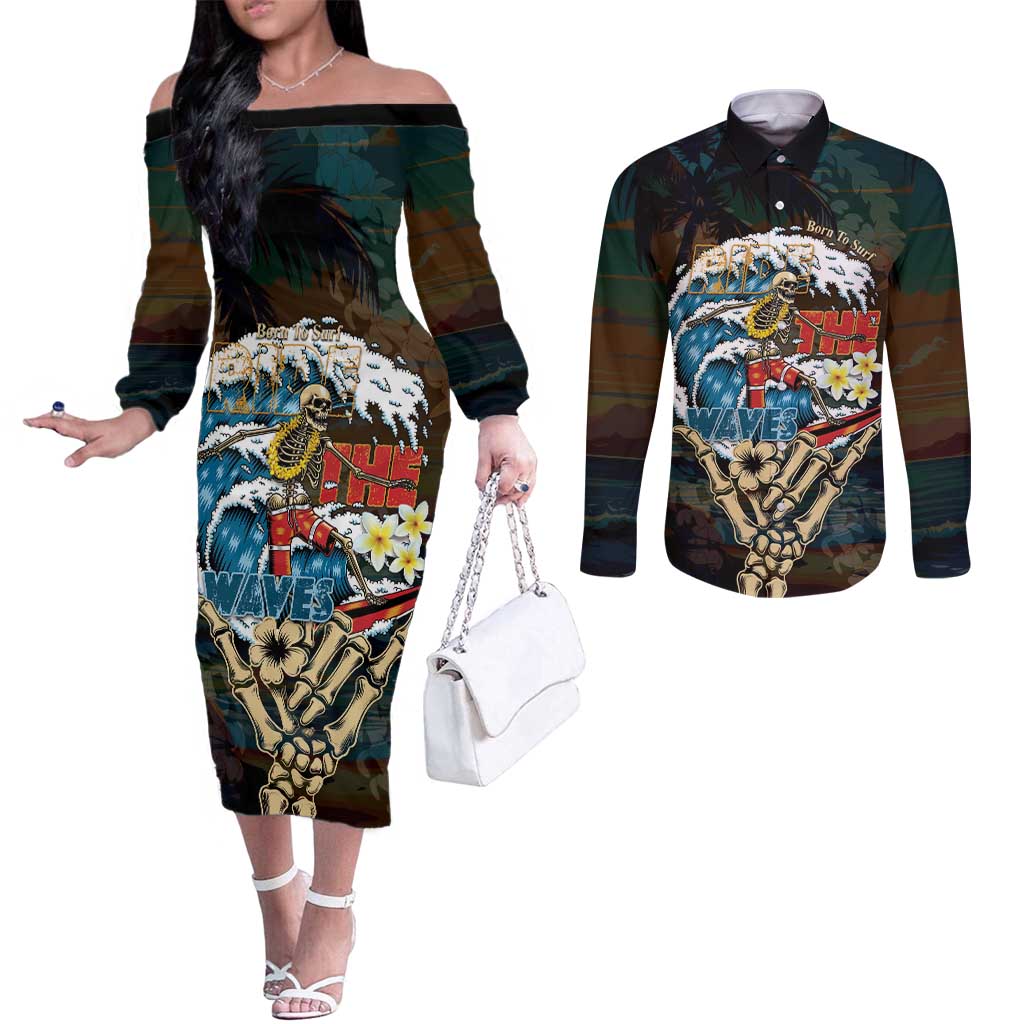 Aloha Hawaii Surfing Skull Couples Matching Off The Shoulder Long Sleeve Dress and Long Sleeve Button Shirt Shaka Skeleton Ride The Waves - Wonder Print Shop