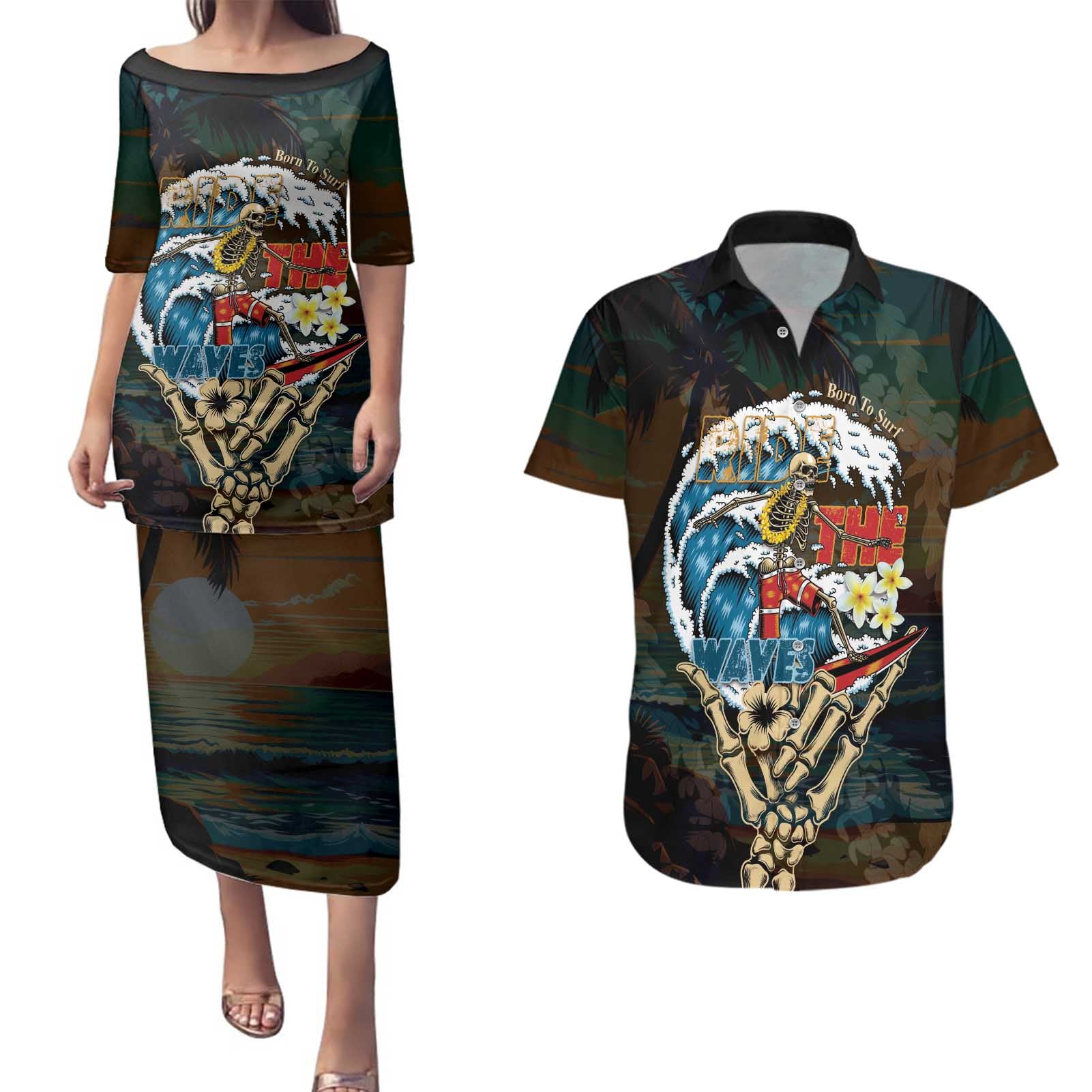 Aloha Hawaii Surfing Skull Couples Matching Puletasi and Hawaiian Shirt Shaka Skeleton Ride The Waves - Wonder Print Shop