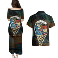 Aloha Hawaii Surfing Skull Couples Matching Puletasi and Hawaiian Shirt Shaka Skeleton Ride The Waves - Wonder Print Shop