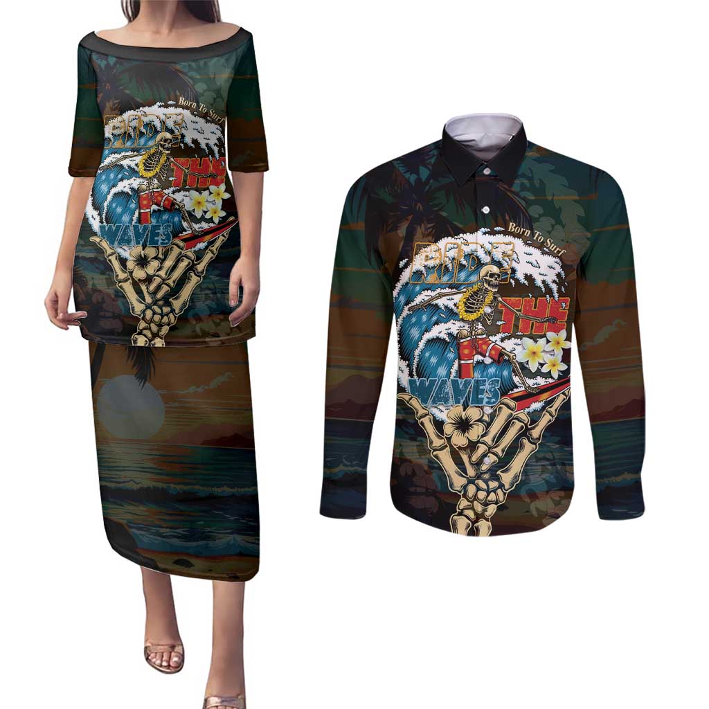 Aloha Hawaii Surfing Skull Couples Matching Puletasi and Long Sleeve Button Shirt Shaka Skeleton Ride The Waves - Wonder Print Shop