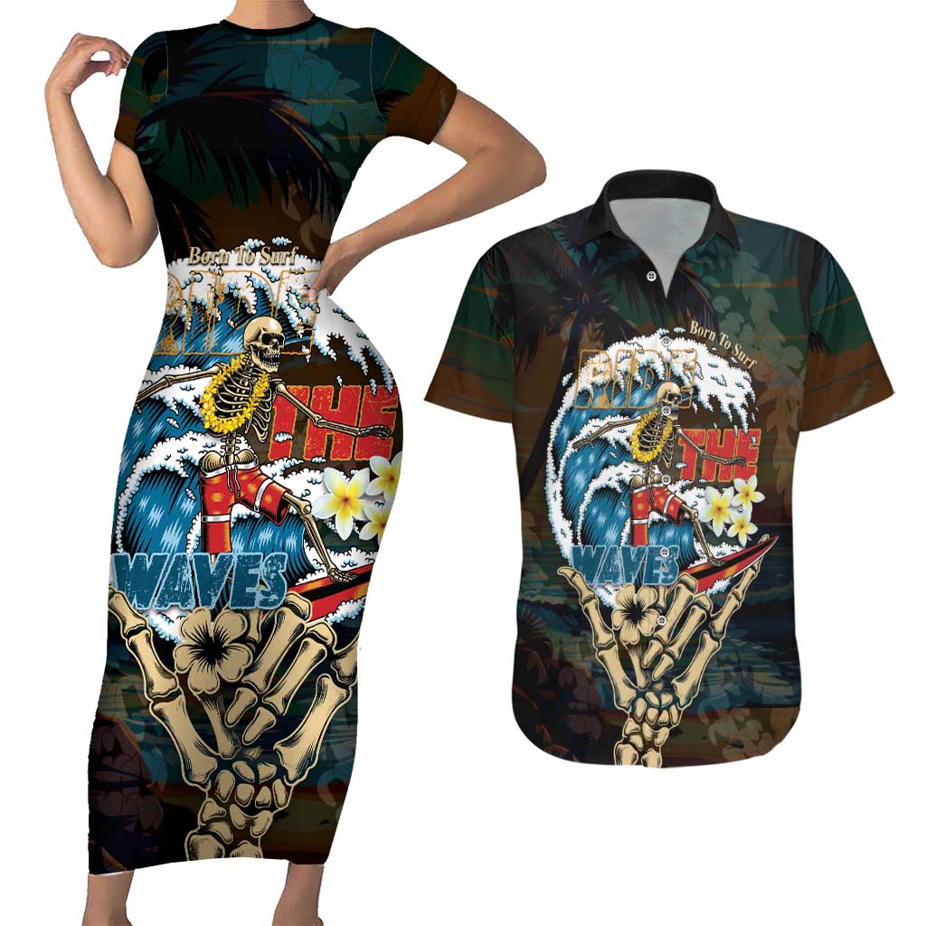Aloha Hawaii Surfing Skull Couples Matching Short Sleeve Bodycon Dress and Hawaiian Shirt Shaka Skeleton Ride The Waves - Wonder Print Shop