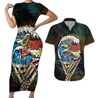 Aloha Hawaii Surfing Skull Couples Matching Short Sleeve Bodycon Dress and Hawaiian Shirt Shaka Skeleton Ride The Waves - Wonder Print Shop