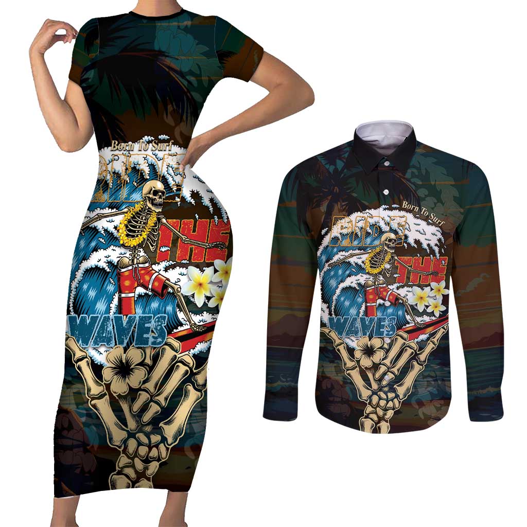 Aloha Hawaii Surfing Skull Couples Matching Short Sleeve Bodycon Dress and Long Sleeve Button Shirt Shaka Skeleton Ride The Waves - Wonder Print Shop