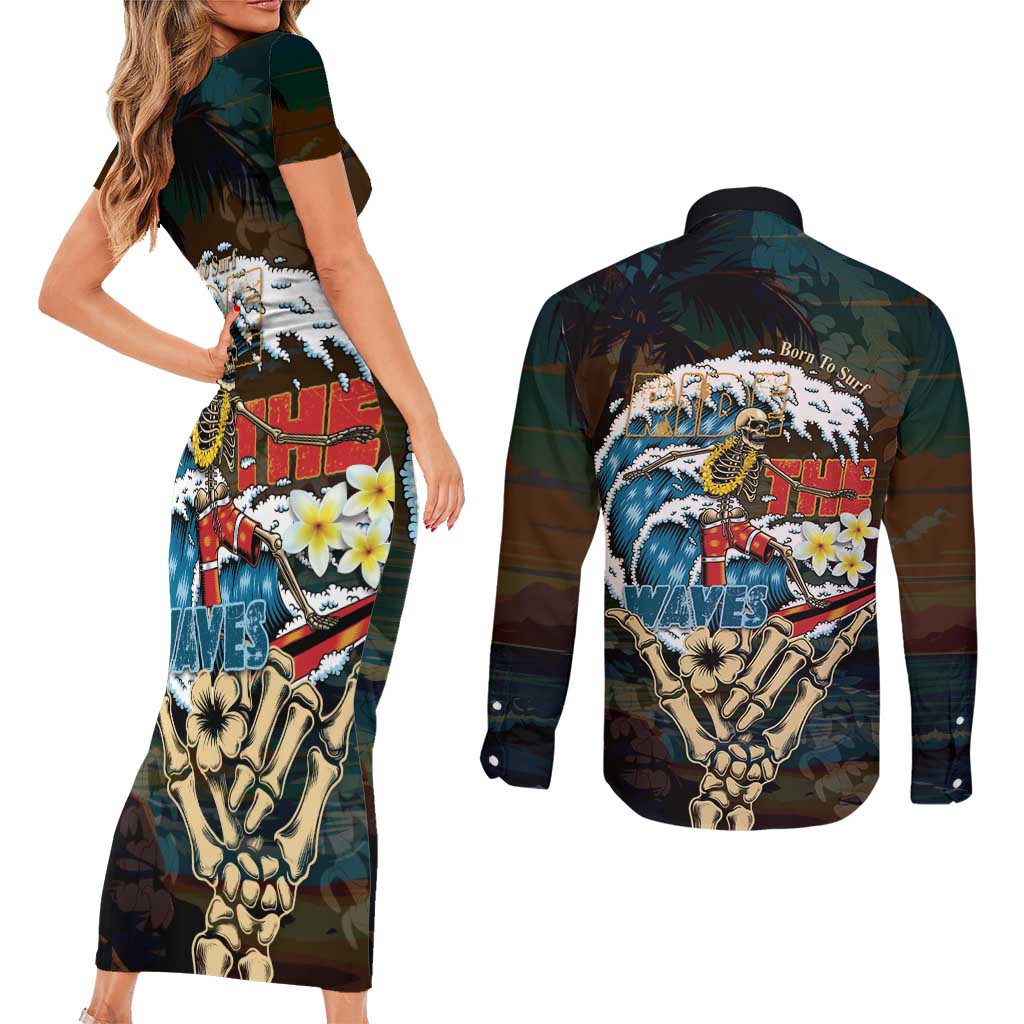 Aloha Hawaii Surfing Skull Couples Matching Short Sleeve Bodycon Dress and Long Sleeve Button Shirt Shaka Skeleton Ride The Waves - Wonder Print Shop