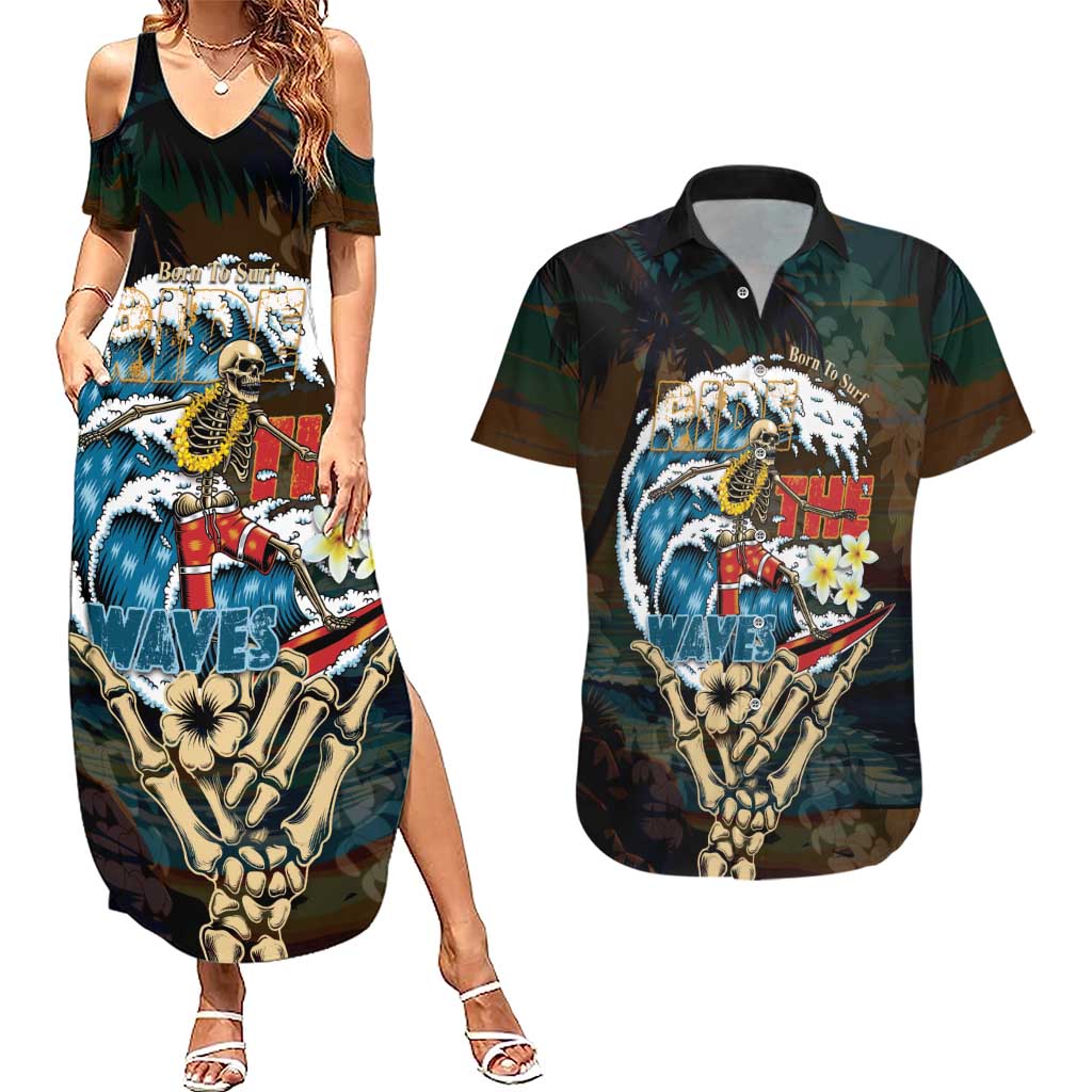 Aloha Hawaii Surfing Skull Couples Matching Summer Maxi Dress and Hawaiian Shirt Shaka Skeleton Ride The Waves - Wonder Print Shop
