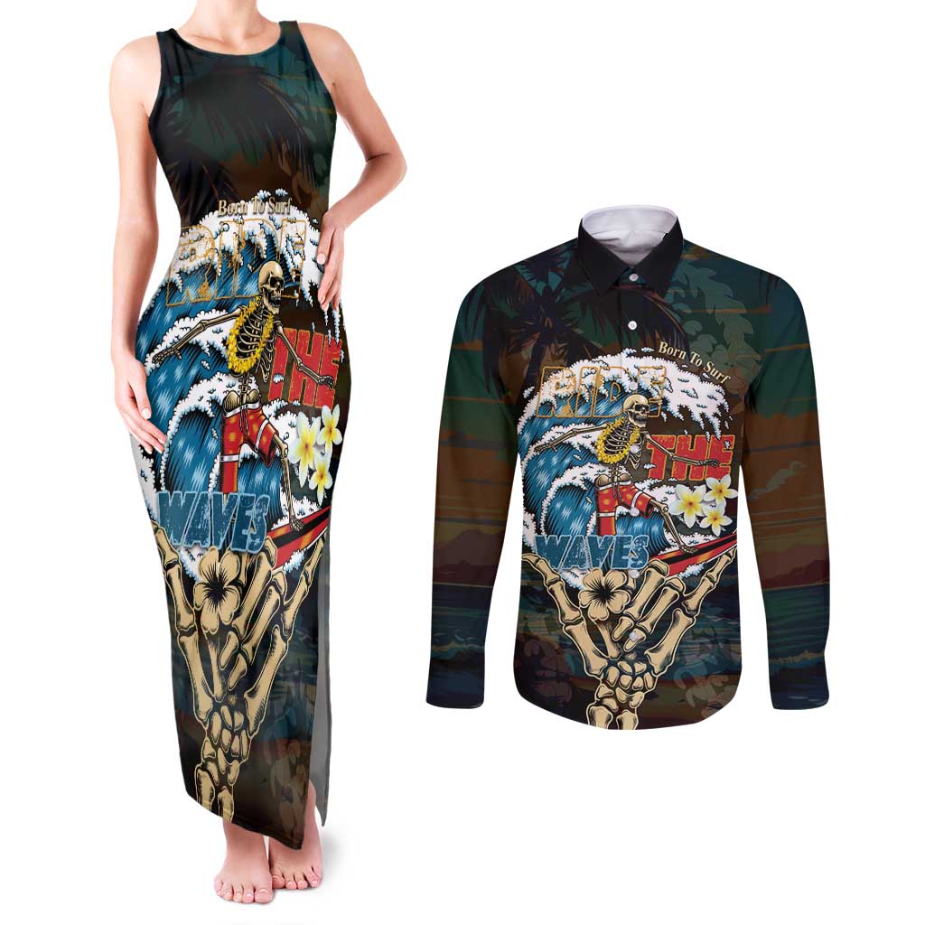 Aloha Hawaii Surfing Skull Couples Matching Tank Maxi Dress and Long Sleeve Button Shirt Shaka Skeleton Ride The Waves - Wonder Print Shop