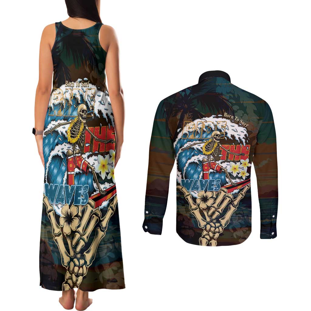 Aloha Hawaii Surfing Skull Couples Matching Tank Maxi Dress and Long Sleeve Button Shirt Shaka Skeleton Ride The Waves - Wonder Print Shop