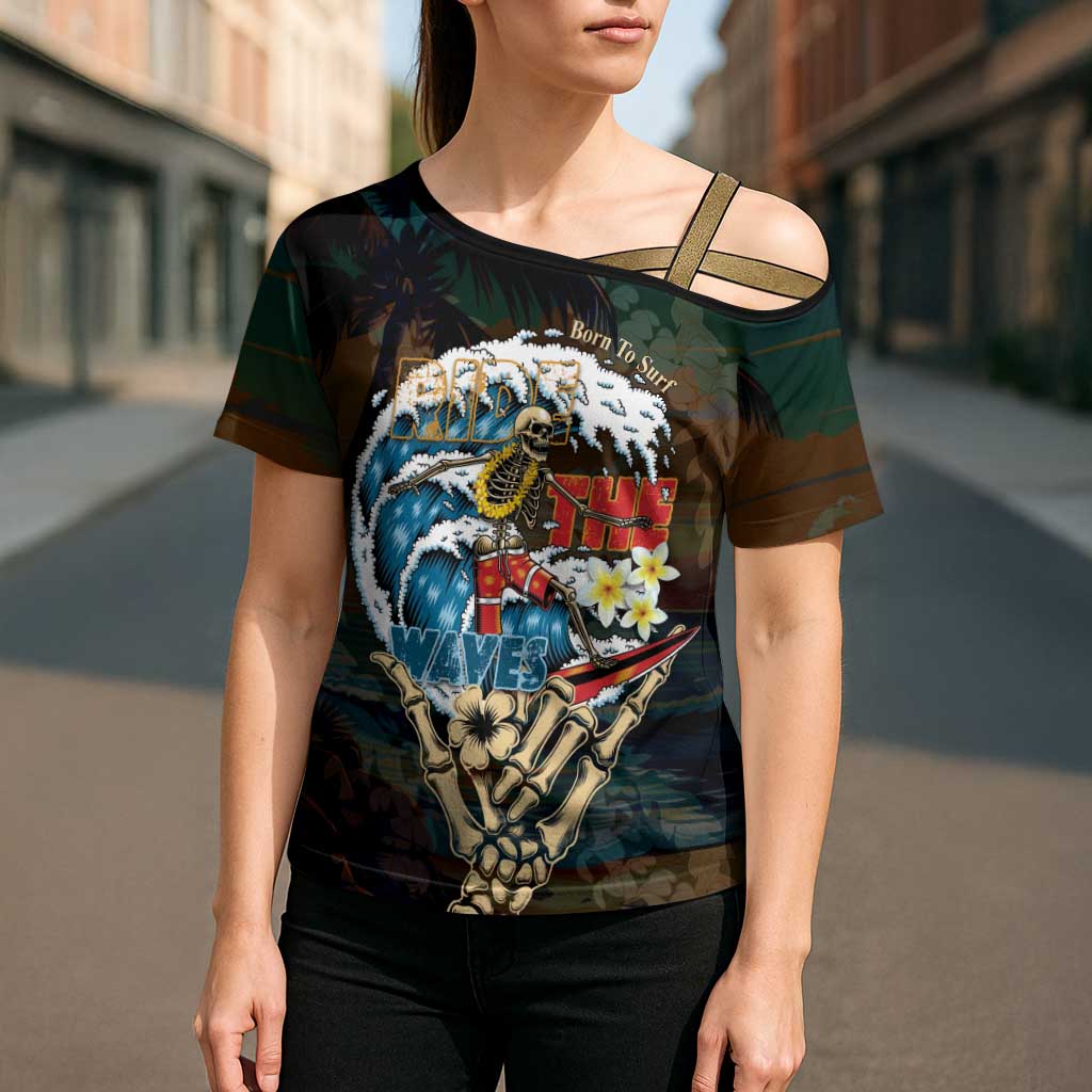 Aloha Hawaii Surfing Skull Cross Shoulder Shirt Shaka Skeleton Ride The Waves - Wonder Print Shop